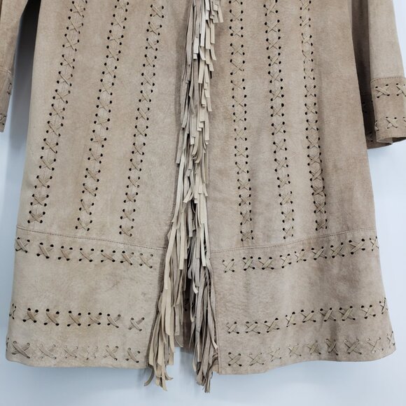 Newport News Vintage Fringe Trim Suede Leather Long Jacket XL Womens Boho Tan - Picture 6 of 9